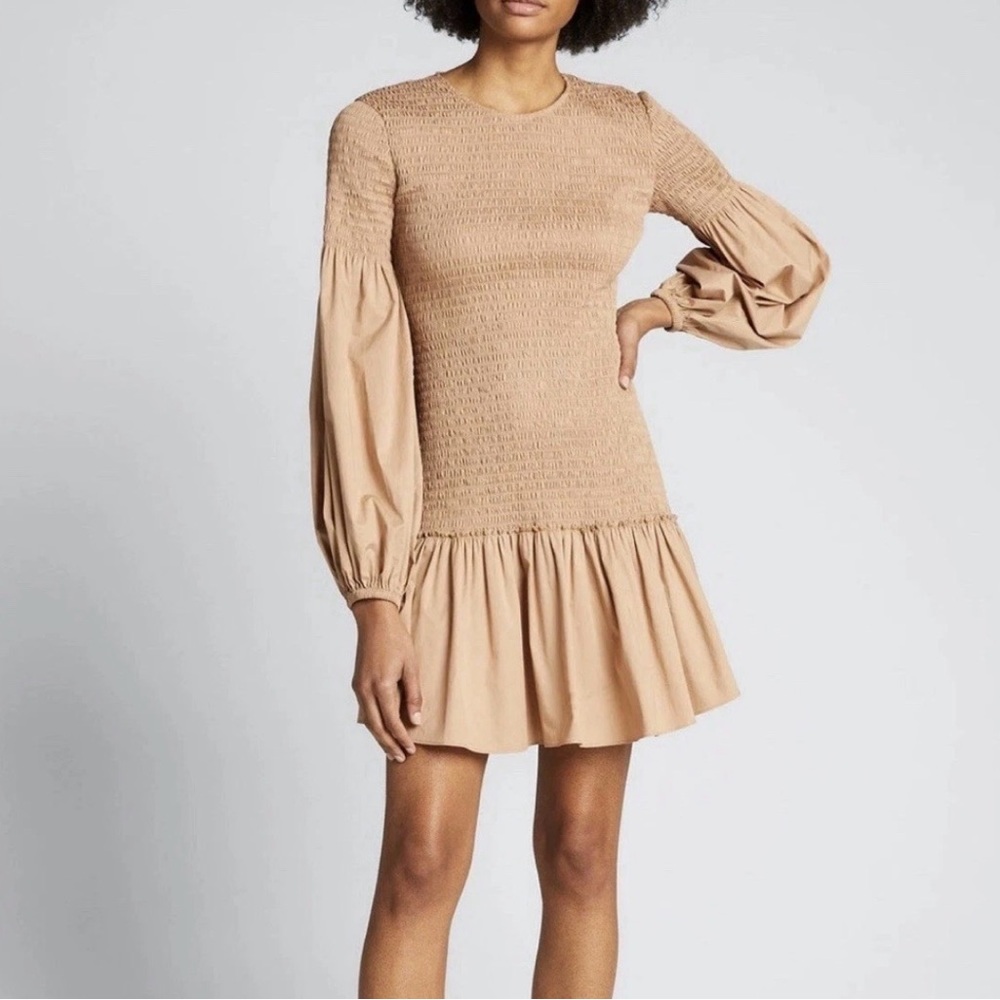 NEW A.L.C. Smocked Brown Mini Dress Sz 4 Cotton Ruffle Hem Bishop Sleeve Modern